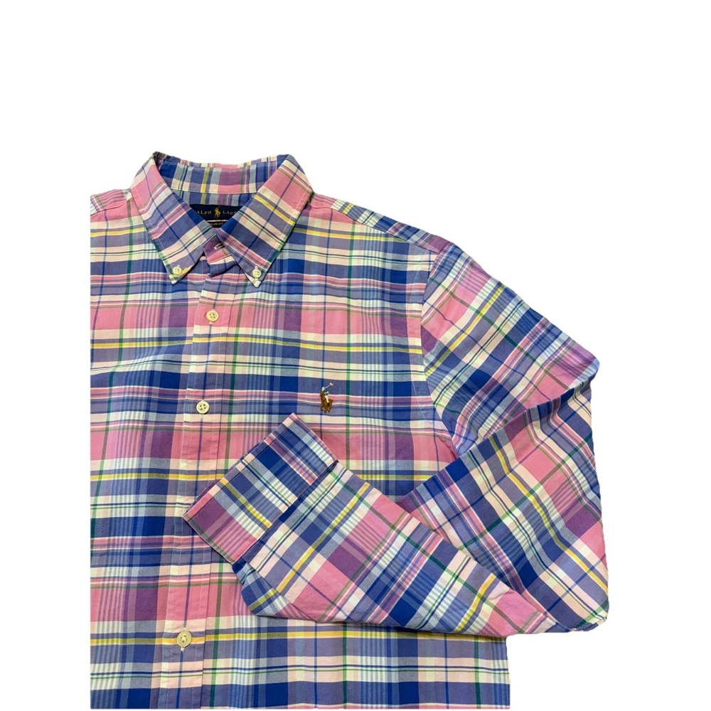 Ralph Lauren Mens L Slim Fit Cotton Oxford Button Up Pink Plaid Flesh Pony